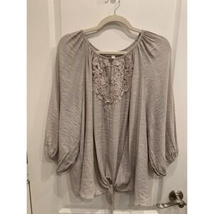 Spense Cream‎ Boho Peasant Large Top Crochet Accents Semi-Sheer